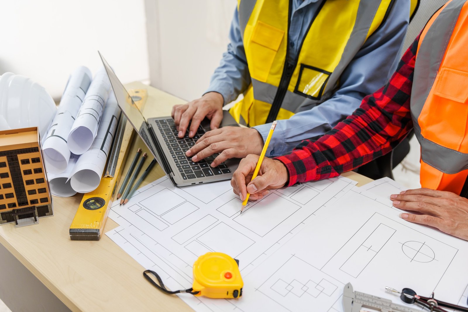 two men including a male asian construction contractor engineer discuss structural plans